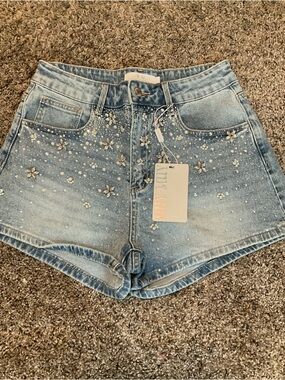 Crystal Floral Light Blue Denim Jean Shorts